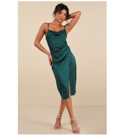 Lulus Hollywood Forest Green Satin Midi Dress Women's Size Large  NWOT - Picture 4 of 6